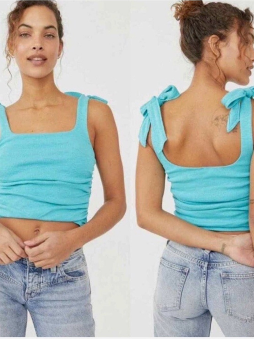 Free People Aqua Fur Boulevard Tie-Shoulder Cropped Tank Size Medium NWT